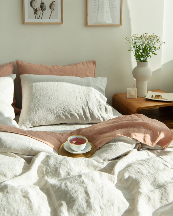Beige Chambrey linen duvet cover set with 2 pillowcases